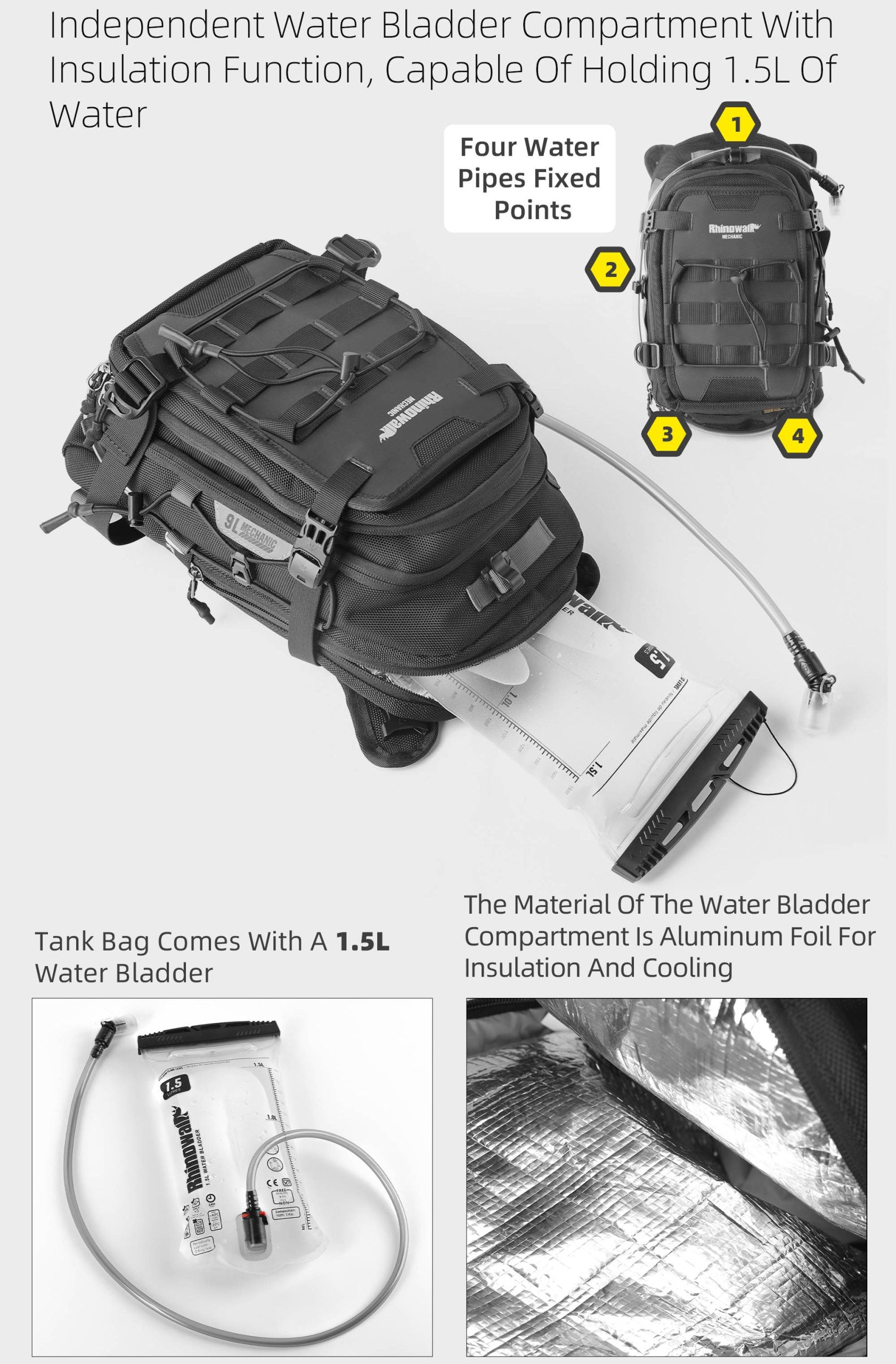 Bolso Tanque 9L para Moto - Con Porta-Bolsa de Hidratación, Impermeable
