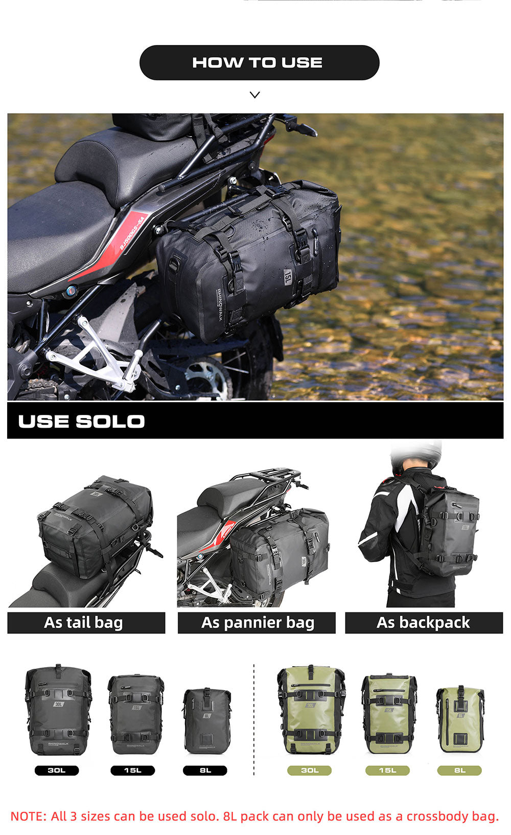 Juego de Bolsos Impermeables Modulares para Moto 8L/15L/30L