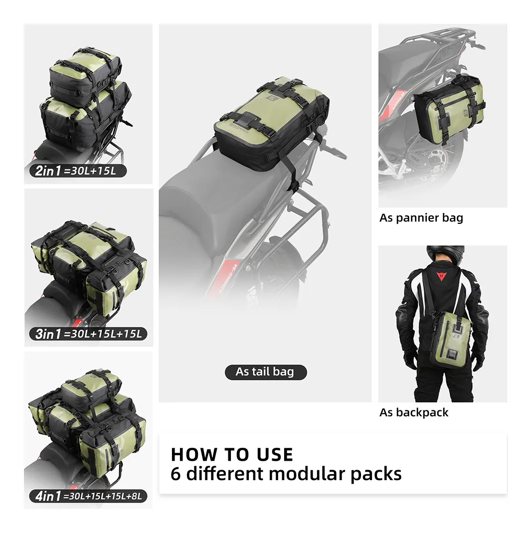 Juego de Bolsos Impermeables Modulares para Moto 6L/8L/15L/30L VERDE